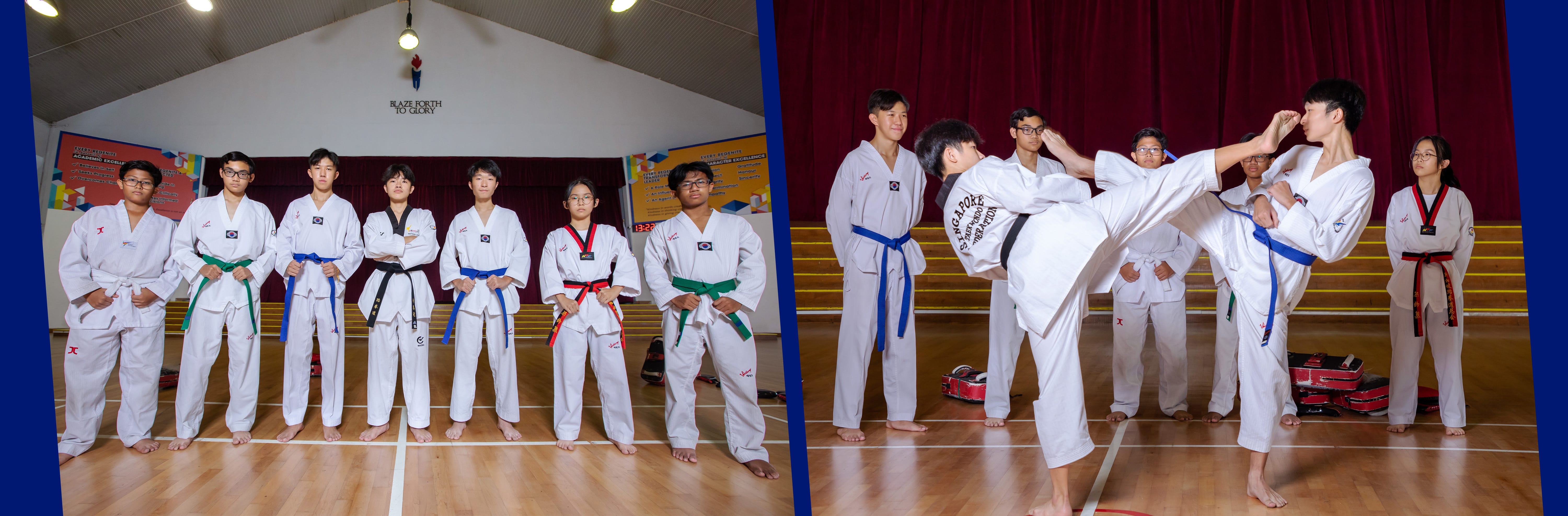 Two taekwondo team photos: students in white uniforms posing, and two students sparring with a high kick in a gymnasium.